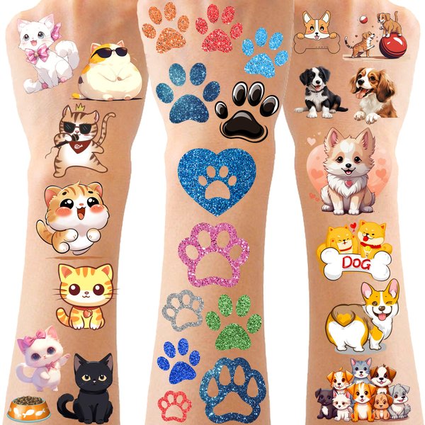 CupaPlay 440PCS Dog Cat Themed Temporary Tattoos Party Supplies Decorations Pets Dog Paw Print Baby Shower Birthday Party Favors Tattoos(30 Sheets)