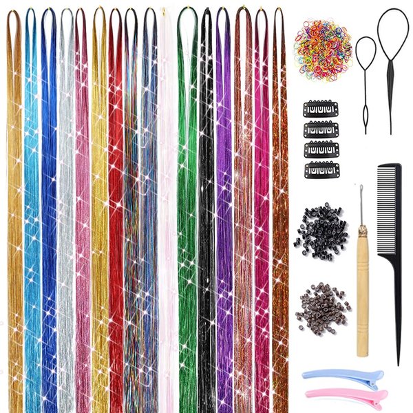 16 Colors Hair Tinsel Kit with Tools 3200 Strands Glitter Tinsel Hair Extensions Heat Resistant Sparkling Shiny Fairy Hair Accessories for Women Girl Kids 47Inch