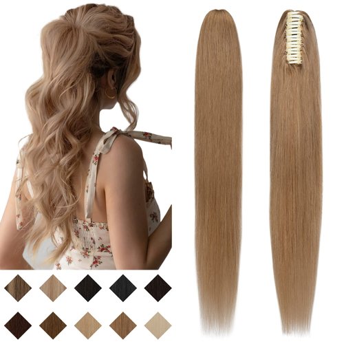 SEGO Claw Clip Ponytail Extension Human Hair Clip in Ponytail Hair Extensions 100% Real Human Hair Pony Tails Hair Extensions Long Straight For Women -14 Inch 105g Dark Blonde