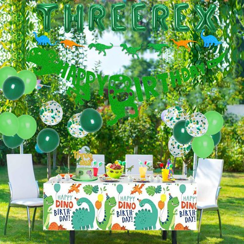 Three Rex Birthday Party Decorations Boy, Dinosaur 3rd Birthday Party Supplies Include Banner Tablecloth Fringe Curtains Three Rex Balloons Cake Toppers Stickers for 3 Rex Birthday Decorations Boys