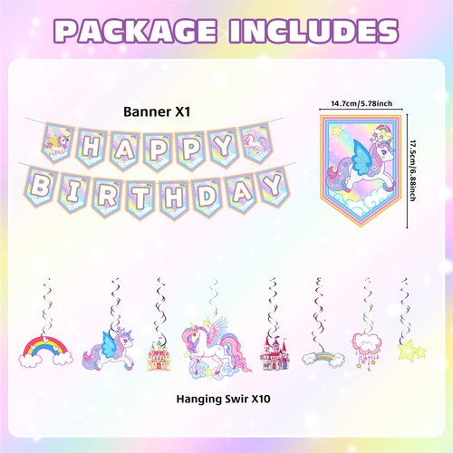 Unicorn Birthday Decorations, Unicorn Rainbow Party Decorations, Unicorn Party Supplies, Unicorn Happy Birthday Banner and Unicorn Hanging Swirl for Birthday Party Decorations