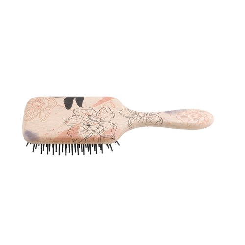 Lombard Cutlery Wood Paddle Hair Brush for Women with Anti Static Bristle (Black Flower)