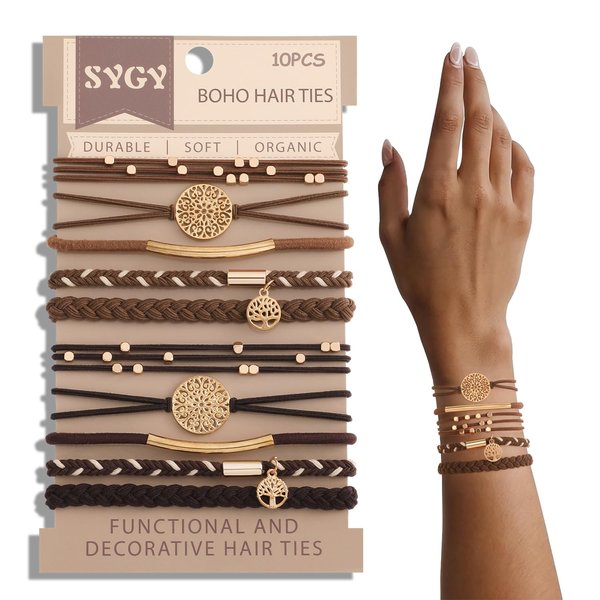 10 PCS Hair Ties Bracelets, Boho Hair Ties for Thick & Thin Hair, Cute Stretch Bracelets, Braided Hair Ties for Ponytail Holders, 5 Styles Hair Ties No Damage, Dark Coffee Colors