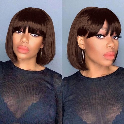 NICMISS Chocolate Brown Human Hair Wigs with Bangs Short Bob Wig Human Hair 10 Inch Straight Bob Wigs for Black Women Human Hair Glueless None Lace Front Brazilian Hair Dark Brown