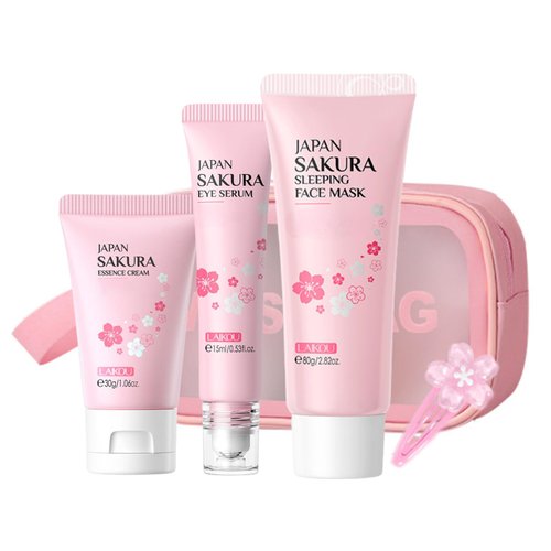 Sakura Facial Skin Care Products - Skin Care Set - Travel Kit for Women - Skincare Set with Sleeping Face Mask,Eye Serum,Essence Cream,Wash Bag,Hairpin - with Sakura Extract，Hydrate Tighten Nourish