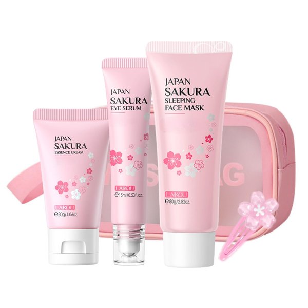 Sakura Facial Skin Care Products - Skin Care Set - Travel Kit for Women - Skincare Set with Sleeping Face Mask,Eye Serum,Essence Cream,Wash Bag,Hairpin - with Sakura Extract，Hydrate Tighten Nourish