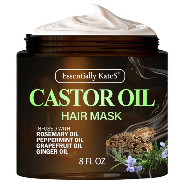 Essentially KateS Castor Oil Hair Mask 8 Fl Oz - Infused with Rosemary, Peppermint, Grapefruit and Ginger Oil - Fuller and Thicker Looking Formula - Last Long with Immediate Effect