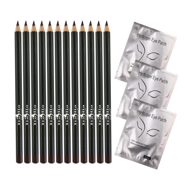 Italia Deluxe 12 pcs Eyeliner Pencil, Ultra Fine, Creamy, High-pigmented, Long-lasting + 3 pair Hydrogel Eye Patch for Lash Extensions (Dark Brown)