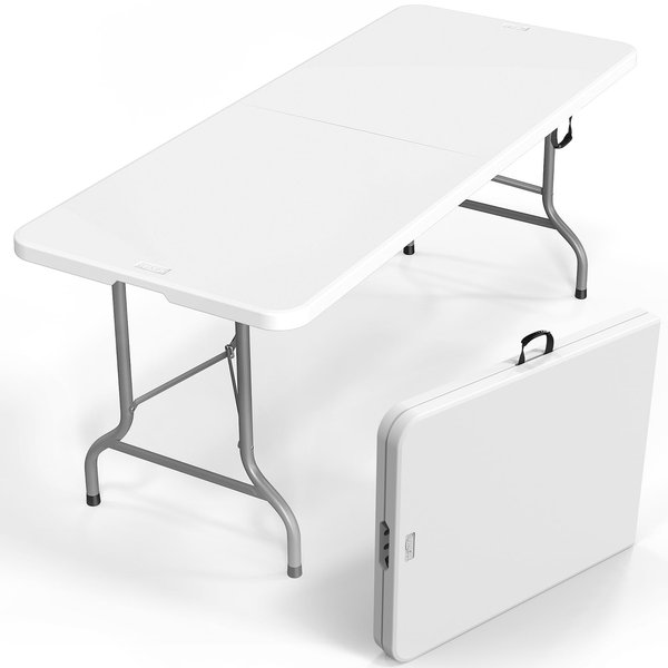 VINGLI 8 Foot Plastic Folding Table Portable Long White Table for Indoor Outdoor Use Rectangular with Carrying Handle