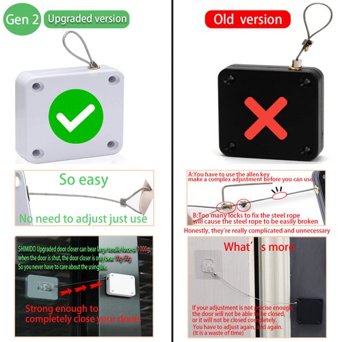 SHIMIDO Upgraded Punch-Free 1000g Automatic Screen Door Closer, Storm Door Closer, Sliding Screen Auto Door Closer with Steel Drawstring for Bathroom, Bedroom, Studyroom, etc.（2 Pack White）