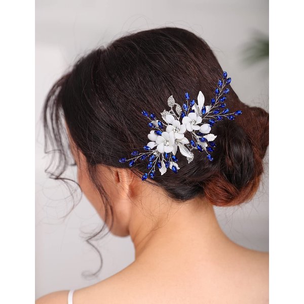 Teyglen Bridal Wedding Flower Rhinestone Hair Clip Hairpin Floral Silver Crystal Leaf Hair Barrette Handmade Wedding Hair Piece Hair Accessories for Women Bride Girls (Silver)