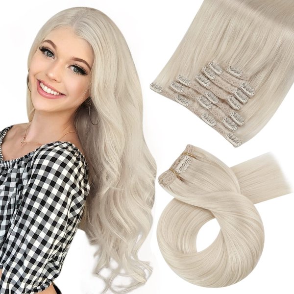 Moresoo Human Hair Clip in Extensions Blonde 24 Inch Remy Hair Extensions Clip ins Human Hair Double Weft Clip in Hair Extensions Real Human Hair Platinum Blonde #60 7Pieces/120Grams