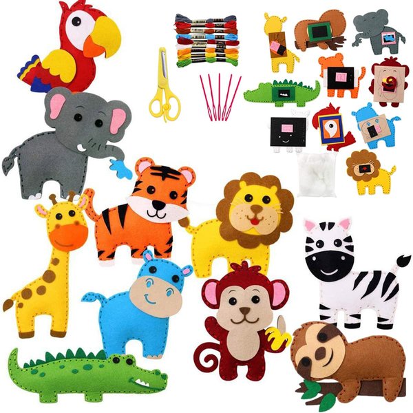 Jungle Animals Sewing Craft Kit for Kids Craft for Girls and Boys Sewing Stuffed Animal Felt Plush Ornaments for Beginners Set of 10