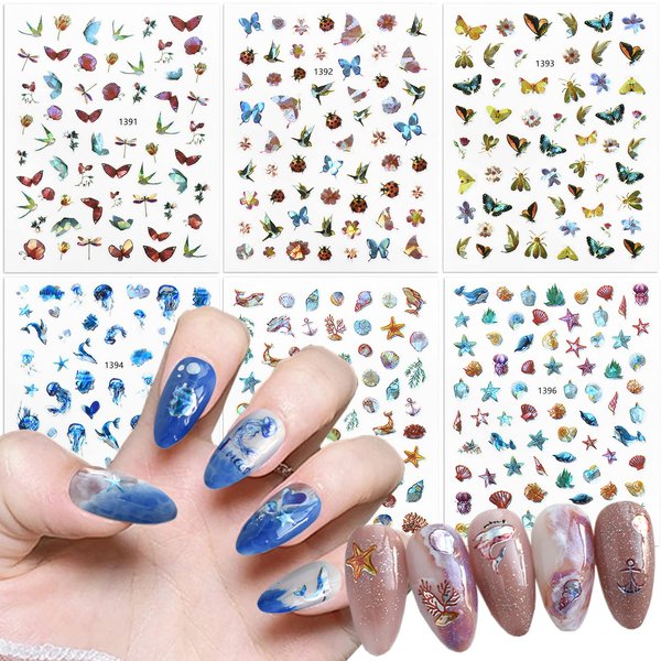Cute Sea Animal Nail Art Stickers, Laser Little Animal Self-Adhesive Sticker Design, 3D Butterfly Birds Dragonfly Jellyfish Conch Shell Nail Transfer Decals for Women Girls Manicure Beach Decorations