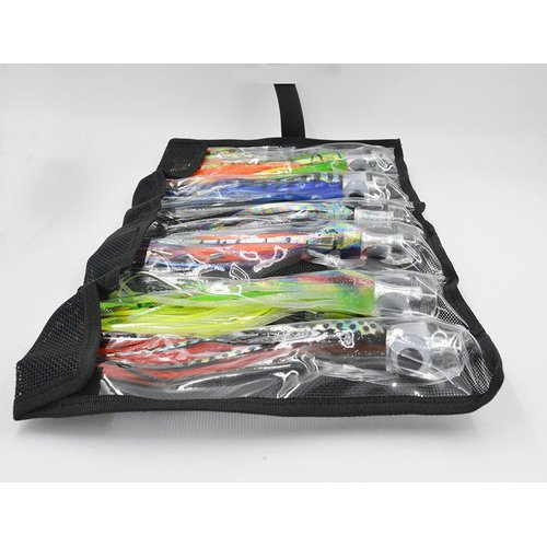 Fishing Lure Set of 6 Trolling Saltwater Skirted Lures: Rigged Lures and Black Bag Included. Catch Any Predatory Pelagic Fish in The Ocean Including Dolphin, Tuna, and Wahoo! (9 inch)