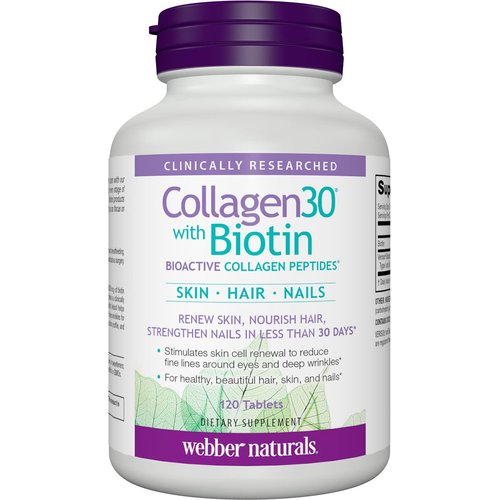Webber Naturals Collagen30 with Biotin, 2,500 mg of Bioactive Collagen Peptides with 5,000 mcg of Biotin Per Serving, 120 Tablets, For Advanced Nourishment of Skin, Hair and Nails, Dairy & Gluten Free