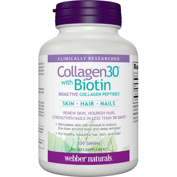 Webber Naturals Collagen30 with Biotin, 2,500 mg of Bioactive Collagen Peptides with 5,000 mcg of Biotin Per Serving, 120 Tablets, For Advanced Nourishment of Skin, Hair and Nails, Dairy & Gluten Free