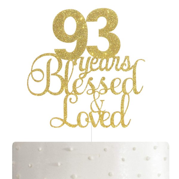 ALPHA K 93th Birthday/Anniversary Cake Topper – 93 Years Blessed & Loved Cake Topper with Gold Glitter