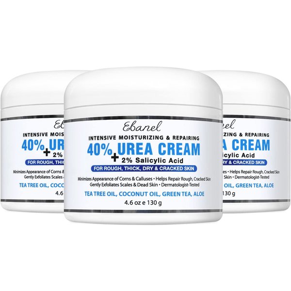 Ebanel Urea Cream 40% plus Salicylic Acid 2%, Foot Cream for Dry Cracked Heels Feet Knees Elbows Hands, Foot Dead Skin Cuticle Callus Remover Toenail Softener, Skin Barrier Repair Cream, 3-Pack