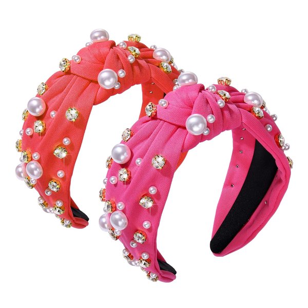 AEAHALY Valentine’s Day Headbands for Women Gifts Hot Pink Knotted Headband White Pearl Pink Headband Rhinestone Crystal Hairband Elegant Ladies Wide Top Knot Bride Headband Bachelorette Party Favor