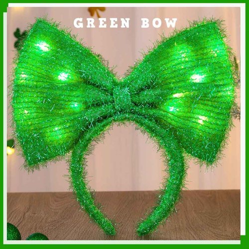 Firuilo St Patricks Bow Headbands Light Up Bowknot Hair Bands Glitter Tinsel Bows Head Bands LED Irish Knotted Hair Hoop for Women and Girls(Green) (Type A)