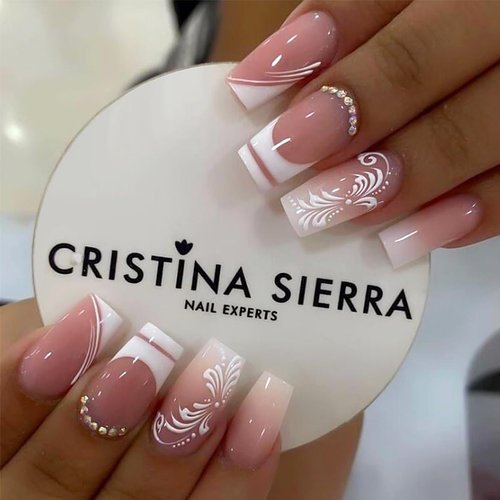 Leuhiove 24 Pcs Bling Press on Nails Medium Length With White Flower Glue Glitter Rhinestones Fake Nails Acrylic Ballerina on Nails Press ons Design Coffin French Tip False Nails for Women and Girls