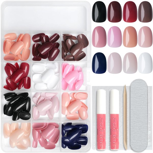Lifextol 288pc Round Almond Press on Nails Short Fake Nails with Glue and Adhesive Tabs, 12 Sizes Acrylic Nails Press on Nails Short Oval Glue on Nails, Artificial False Nails Press ons Stick on Nails