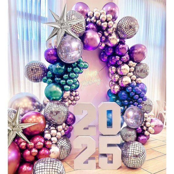 Metallic Balloon garland kit 135Pcs Disco Party decorations with Chrome Blue Red Purple Silver Disco ball balloons for 80s 90s Themed Birthday graduation 2025 new year Party eve Decorations