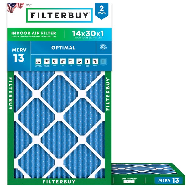 Filterbuy 14x30x1 Air Filter MERV 13 Optimal Defense (2-Pack), Pleated HVAC AC Furnace Air Filters Replacement (Actual Size: 13.88 x 29.88 x 0.75 Inches)