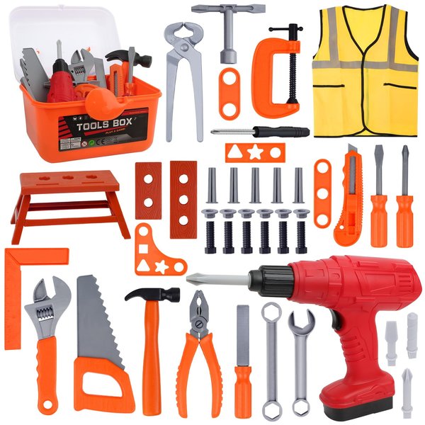 REAQUE Kids Tool Set, 48 Pcs Toy Tool Box for Toddlers Ages 3-5, Pretend Play Construction Toy, Includes Toy Wrench, Drill, Hammer, Screwdriver, Screw Set, Gift for 3 4 5 6 7 Years Old Boys Girls