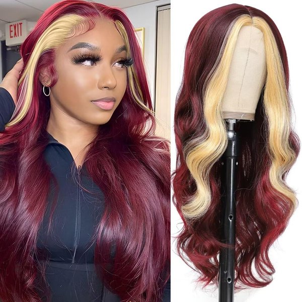 msloosily Highlight Skunk Stripe Wigs 28inch Blonde with Burgundy Synthetic Lace Front Wig For Black Women Dark Red Body Wave Synthetic Wigs 4" Fake Scalp Long Wavy Wigs