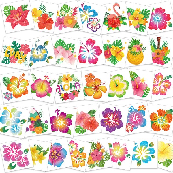 HOWAF 72PCS Hibiscus Glitter Tattoos Hawaii Flower Temporary Tattoos for Aloha Party Decoration, Summer Flower Face Tattoos, Hibiscus Flowers Fake Tattoos Stickers for Kids Women Hawaiian Party Favors