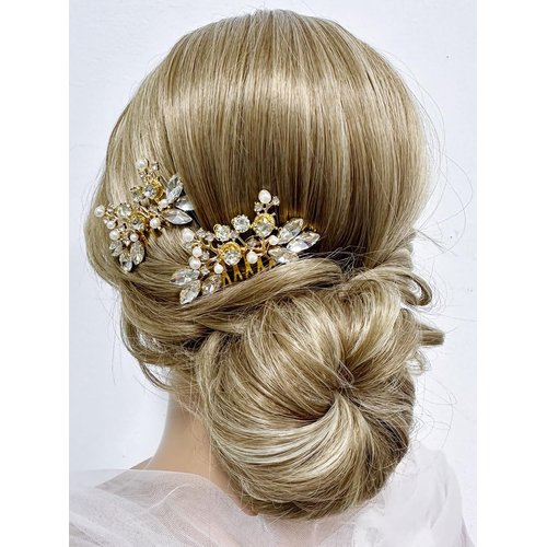 Teyglen 2pcs Bridal Crystal Hair Comb Gold Rhinestone Bride Wedding Hair Comb with Pearl Wedding Hair Accessories Sparkly Rhinestone Headpiece for Women Girls