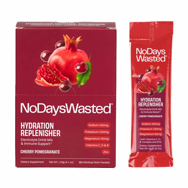 No Days Wasted Hydration Replenisher 15 Count - Electrolyte Powder Drink Mix - Cherry Pomegranate - Sodium and Potassium for Rehydrating Plus Vitamins for Support (15 Count)