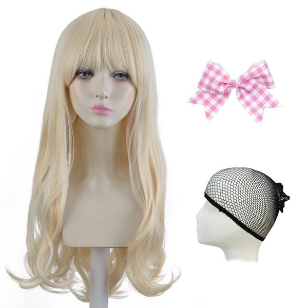 Aeilene Blonde Wigs with Bangs for Women, Long Blond Wavy Natural Soft Synthetic Hair Wigs with Pink Bow Hairpin for Cosplay Costume Halloween Party Daily