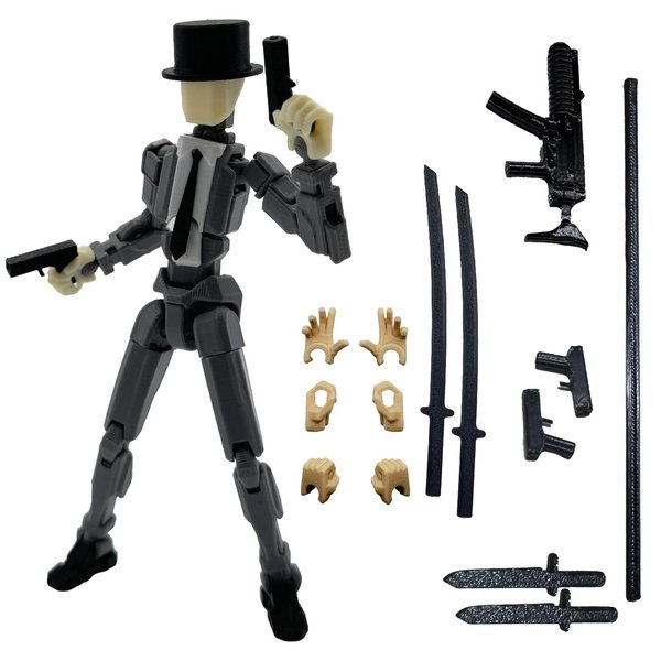 QAONIE 3D Printed 5.54-inch Multi-Jointed Action Figures Dummy13, Full Body Mechanical Movable Toy, Multiple Accessories, Hand Painted Figure, Desk Decoration, Creative Gifts (Y-Gray Gentleman)