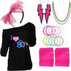 Z-Shop 80s Outfits Costume Accessories for Women - I Love 80's Print Off Shoulder T-Shirt,Lace Headband Necklace Bracelet Gloves for 80s Costumes,Hot Pink,XXL