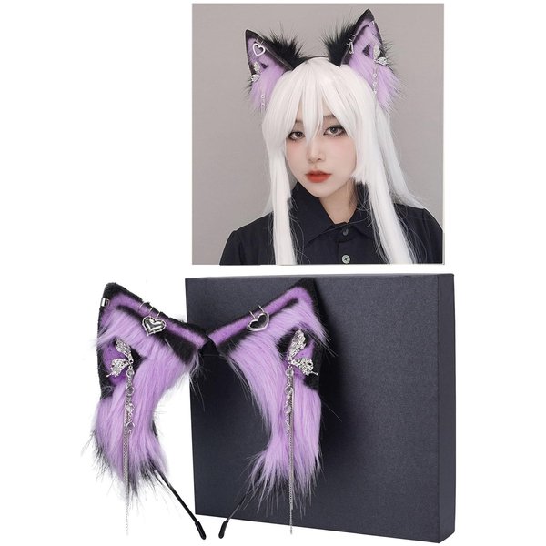 WW-WONDERFULWORLD New Handmade Fur Fox Wolf Cat Ears Headwear with Jewelry Pendant, Exotic Hair Accessories Cosplay Props, Anime JK Lolita Costume Cosplay Party Headband Accessories, Gift Box; LR1Z