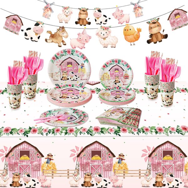 Aoerfes Farm Animals Party Supplies Plates Set for 24 Guests, Cute Pink Animal Baby Shower Girl Birthday Party DecorationsTablecloth,Plate, Cup,Straws, Farm House Animal Barnyard Tableware