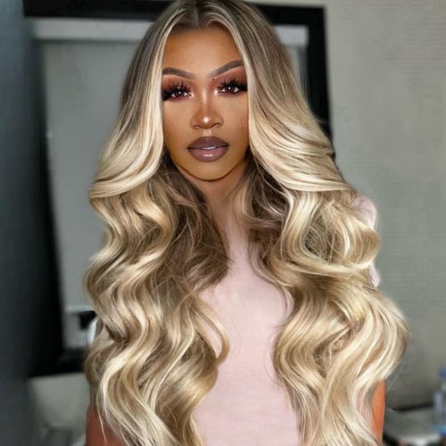 FENJUN Highlight Ombre Ash Blonde Lace Front Wigs with Cap+Comb, Body Wave Lace Frontal Synthetic Wig Mixed Brown and 613 Blonde Color, Glueless Pre plucked Long Wavy Wigs for White and Black Women