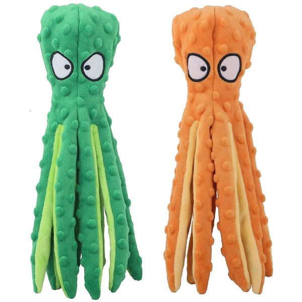 MTwolf Dog Squeaky Toys Octopus, No Stuffing Crinkle Plush Dog Toys for Puppy Teething, Durable Interactive Dog Chew Toys for Small to Medium Dogs Training and Reduce Boredom, 2 Pack (Orange+Green)