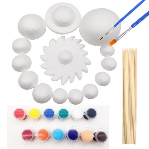Acrice Solar System Model Kit for Kids Includes 14PCS Mixed Sized Foam Balls, 12PCS Bamboo Sticks, 12 Color Pigments, 2PCS Painting Brushes for School Science Projects and DIY Planet Handcraft