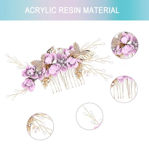 Wedding Hair Combs, Crystal Flwoer Hair Clips Bride Bridesmaid Hair Sides Comb Rhinestone Barrettes, Pearl Flower Hair Pins Hair Accessories for Women Girls (Purple)