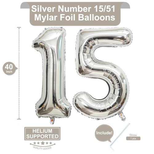 40 Inch Silver 15 Number Balloons Giant 15 or 51 Balloons Silver Birthday 15 Balloons 15th Birthday Anniversary Party Decorations Supplies