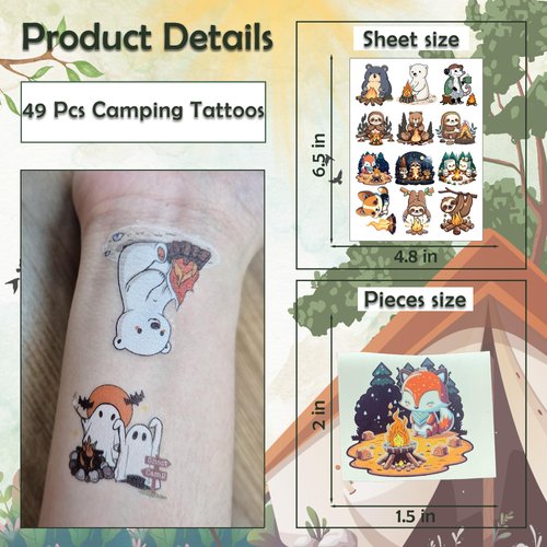 49 PCS Camping Temporary Tattoos for Party Supplies, Animal Tattoo Stickers for Birthday Parties, Camping Tattoos Party Favor, Waterproof Birthday Tattoos. (Brown)