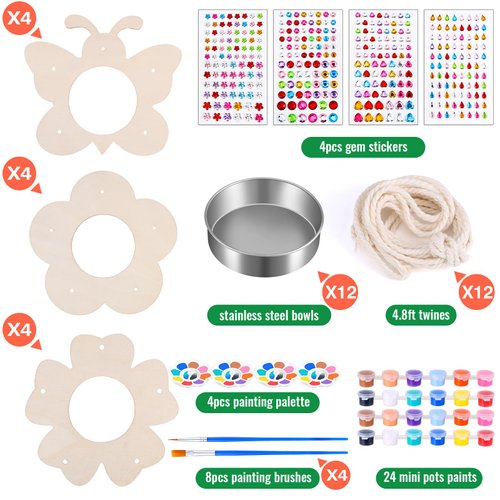 12 Pack Bird Feeder Craft Kits with Stainless Steel Bowls DIY Your Own Unfinished Wooden Ornaments Outdoor Party Favor Gifts for Nature Loving Kids