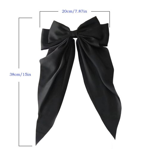 Hair Bows for Women,Satin Bow Barrette Hairclip Long Tail Ponytail Holder Wedding Party Hair Accessories (Black+Beige)