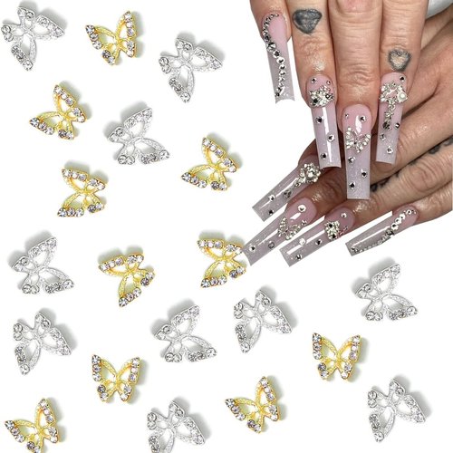 20pcs Butterfly Nail Charms for Acrylic Nails Gold Silver Butterfly Nail Art Jewelry Gems 3D Metallic Butterflies Nail Rhinestones Shiny Butterfly Crystal Charms for Women Nail Art Decoration Supplies