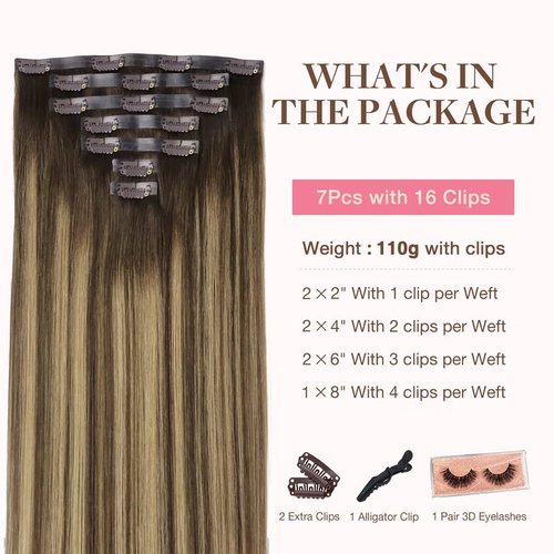 GOO GOO Clip in Hair Extensions Real Human Hair, 14inch 110g 7Pcs, 4/27/4 Balayage Chocolate Brown to Caramel Blonde, Remy Human Hair Extensions Clip ins for Women, Natural Human Hair