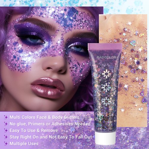 BADCOLOR Purple Face Body Glitter Gel, Holographic Shimmer Chunky Glitters Makeup for Hair Nails Eye Lips, Music Festival Concert Rave Accessories Party, Long Lasting Sparkling Mermaid Sequins Gel Kit